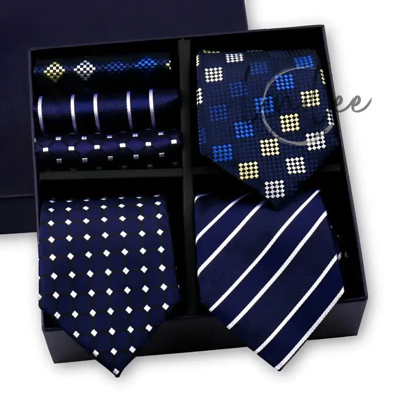 Boxed set of patterned neckties.