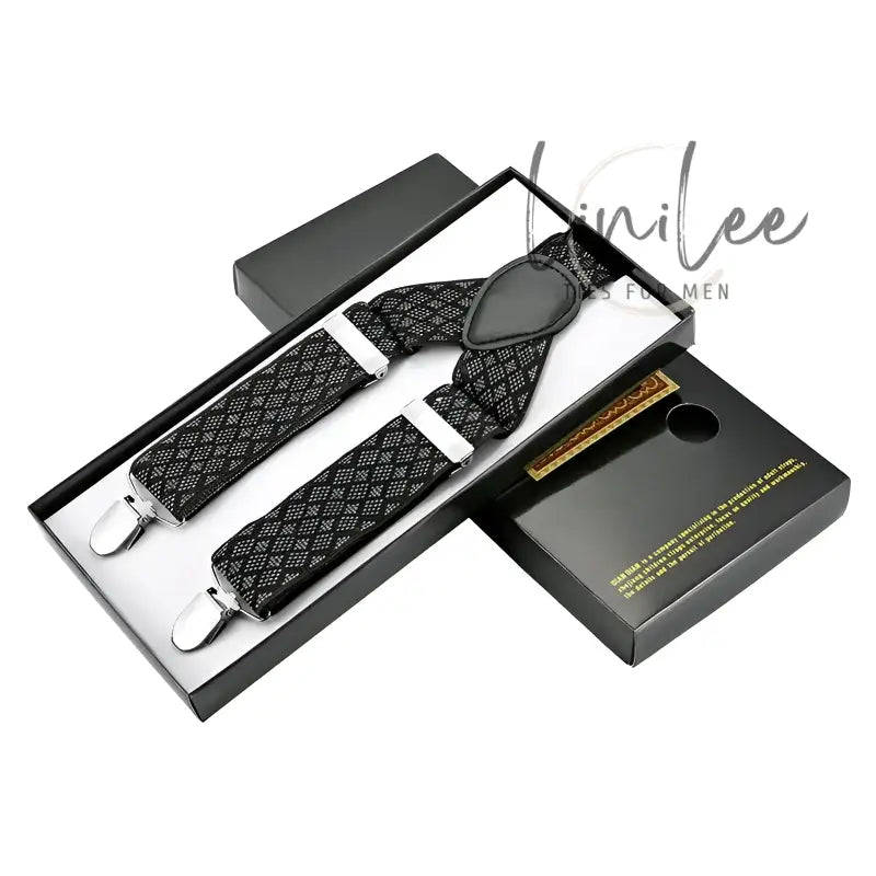 Black patterned suspenders in a box.