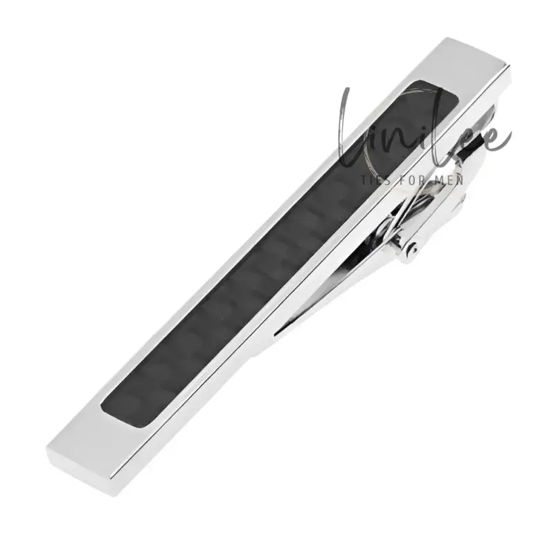 Silver tie clip with black inlay.