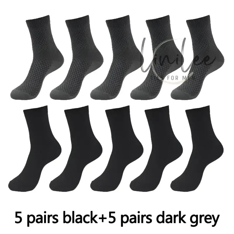 Ten pairs of socks, five black and five dark gray.