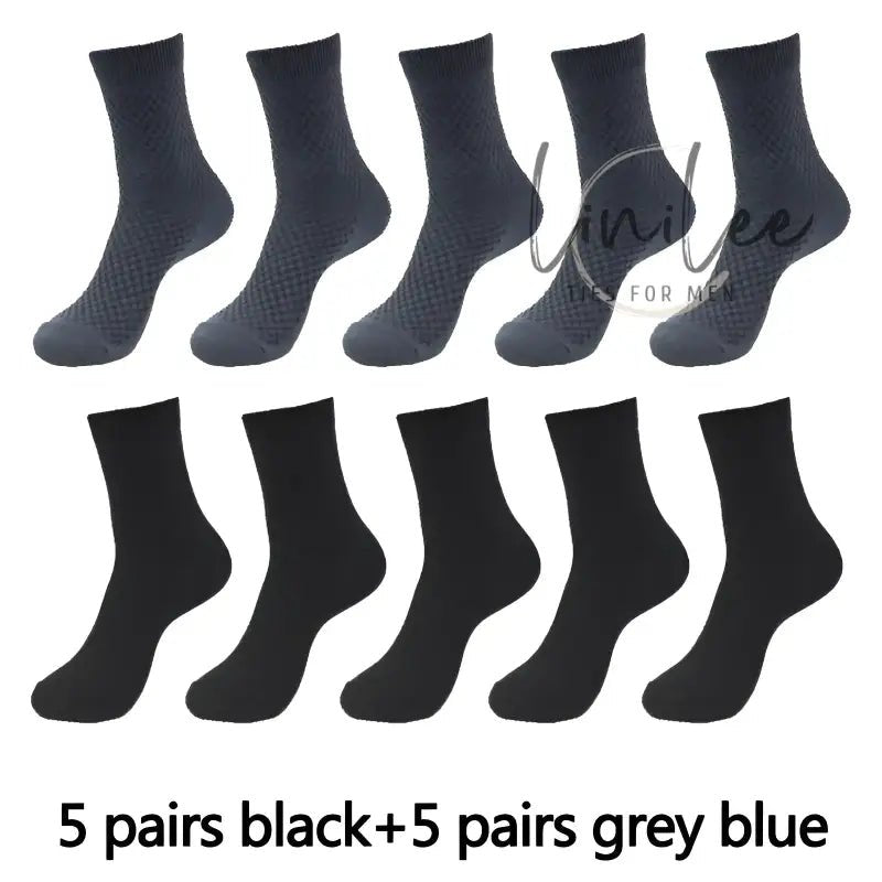 Ten pairs of socks, five black and five gray-blue.