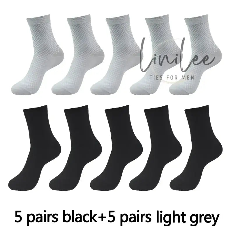Ten pairs of socks, five black and five light gray.