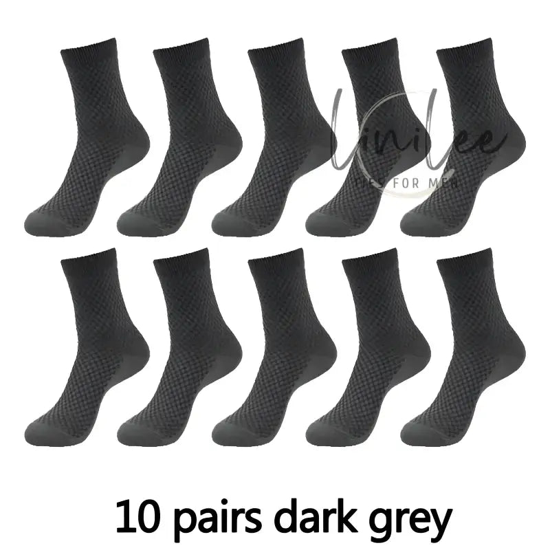 Ten pairs of dark grey socks.