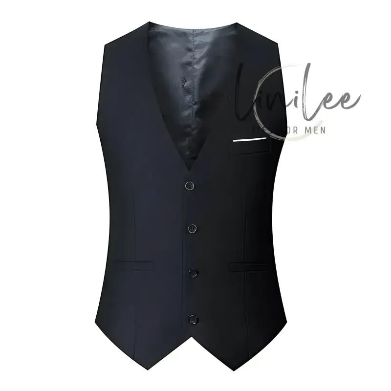 Sleeveless black suit vest.