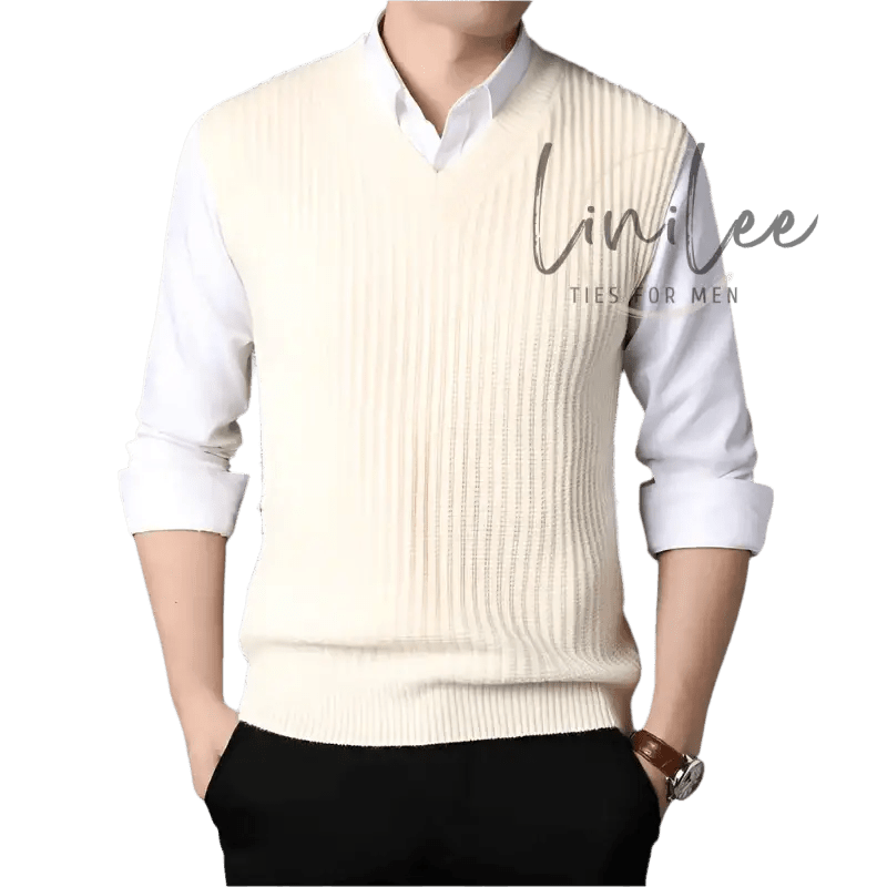 Cream-colored ribbed knit sweater vest.