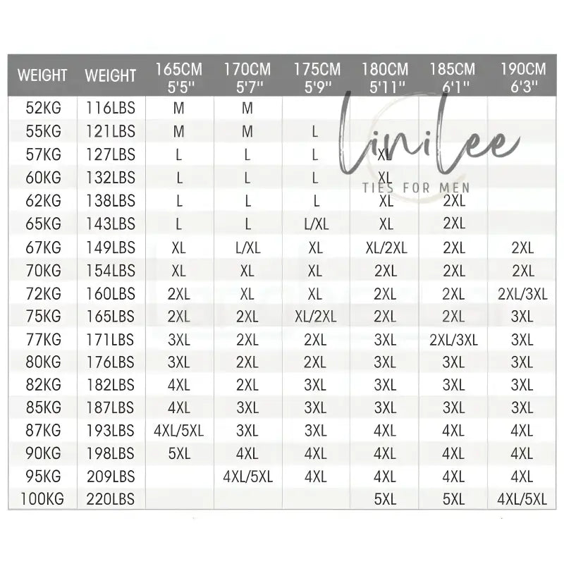 Clothing size chart.