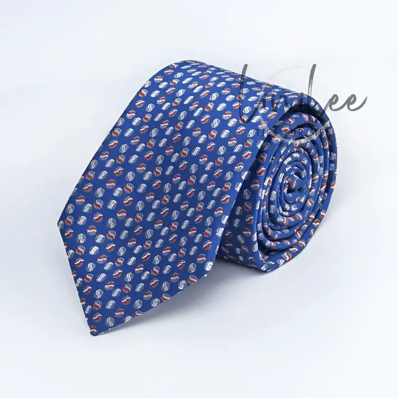 Rolled blue patterned necktie.