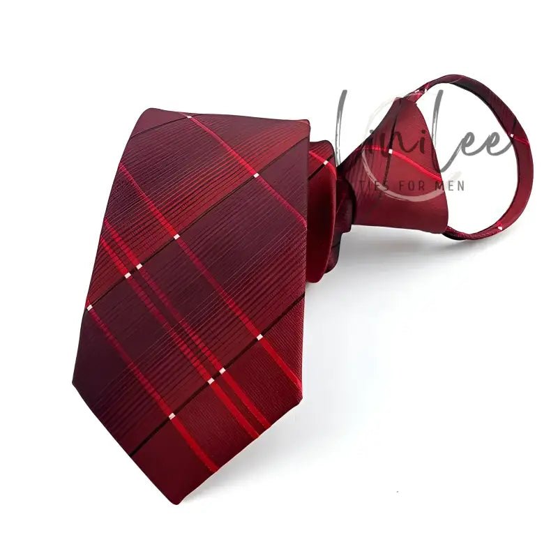 Maroon plaid zipper tie.