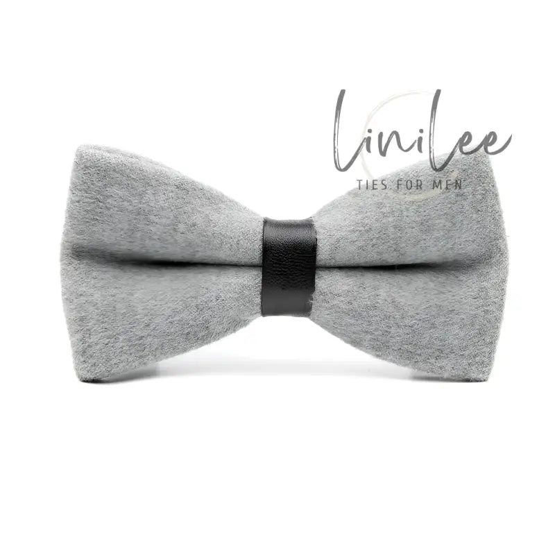 Gray felt bow tie with black leather center.