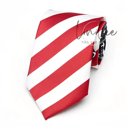 Red and white striped necktie.