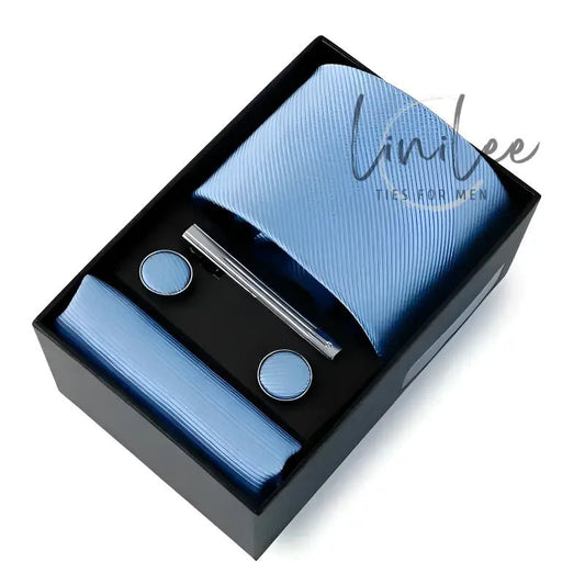 Light blue tie set in a black box.