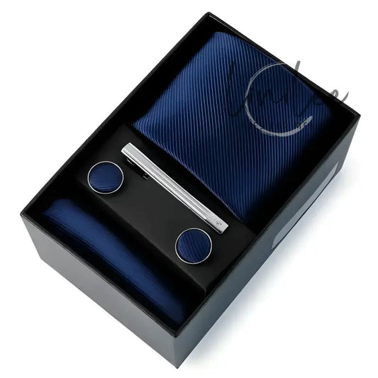 Navy blue tie and accessories gift set.