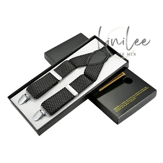 Black and white polka dot suspenders in a box.