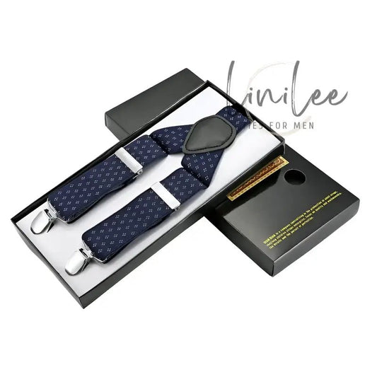Navy blue suspenders in a box.