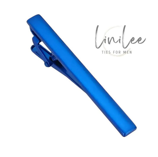 Blue metal tie clip.