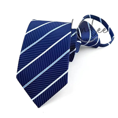 Striped navy blue necktie.