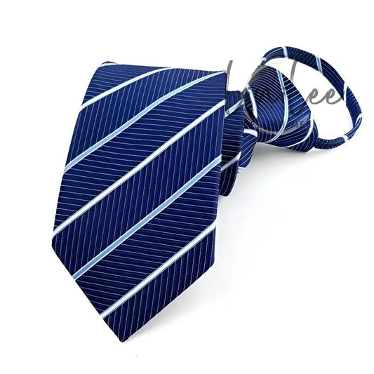 Striped navy blue necktie.