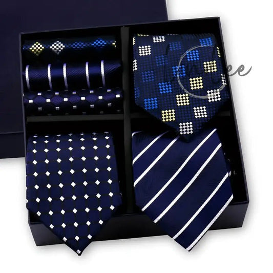 Boxed set of patterned neckties.