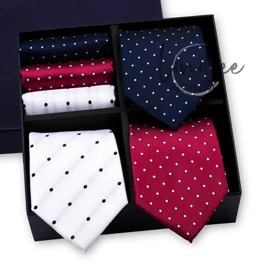 Polka-dotted tie and pocket square set.