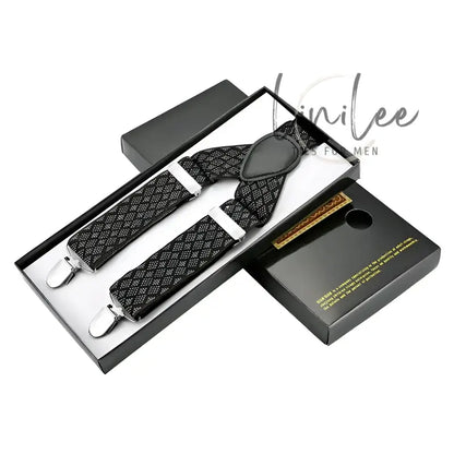 Black patterned suspenders in a box.