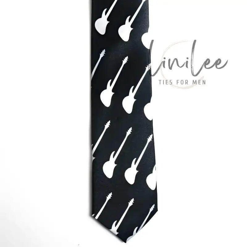 Black tie with white guitar pattern.