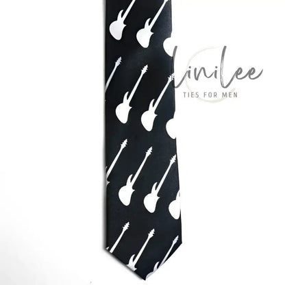 Black tie with white guitar pattern.