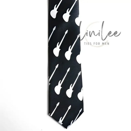 Black tie with white guitar pattern.