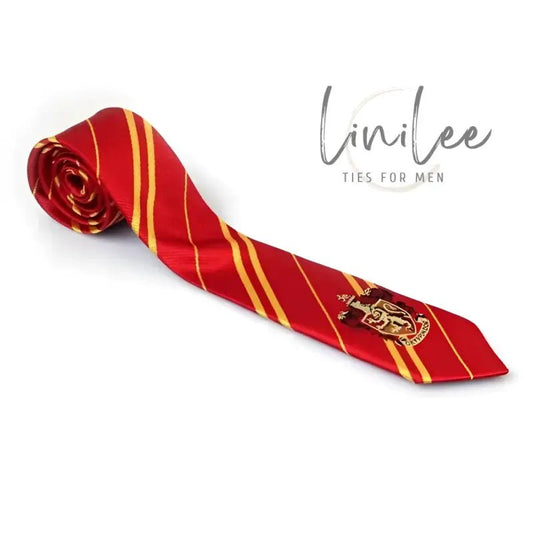 Red and gold striped tie with crest.