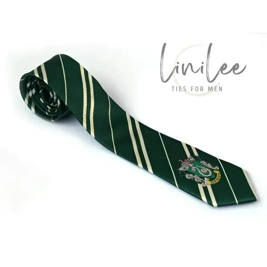 Green and silver striped tie with crest.