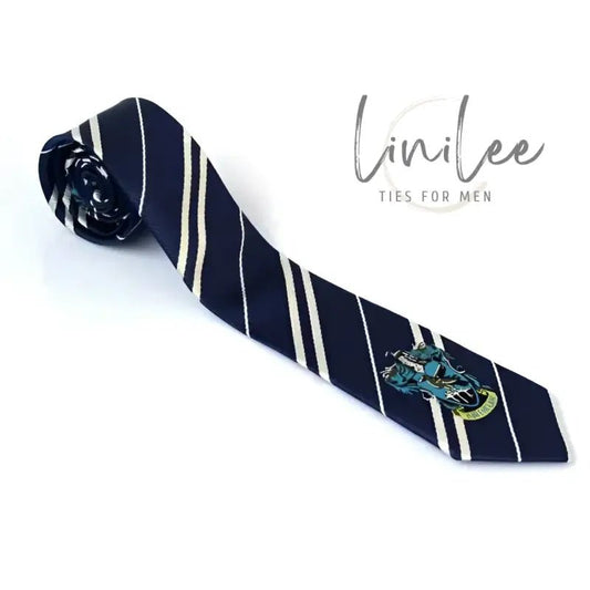 Striped navy blue tie.