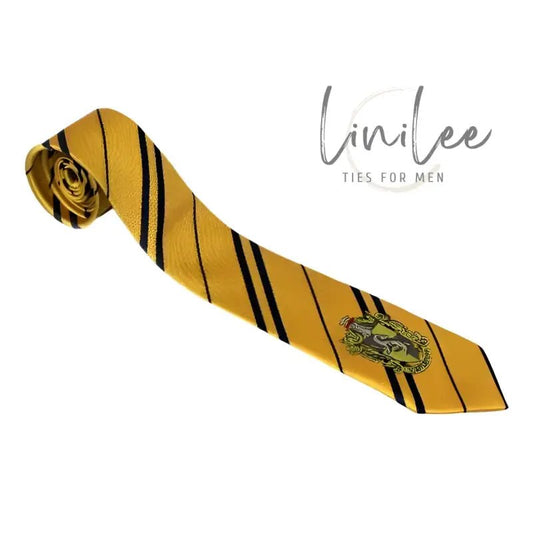 Gold and black striped tie with crest.