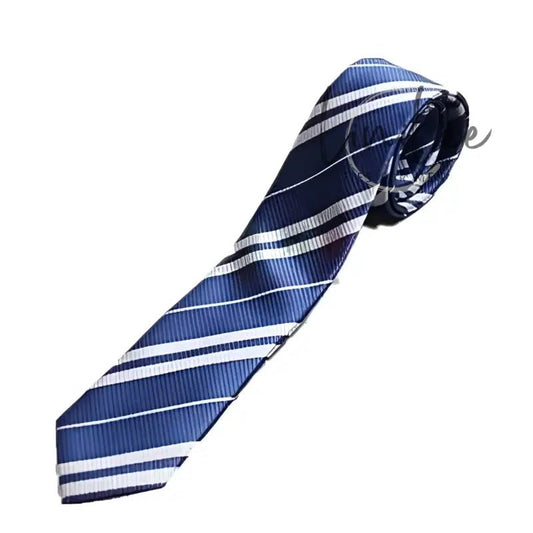 Blue and white striped necktie.