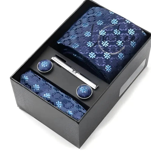 Navy blue tie and accessories gift set.