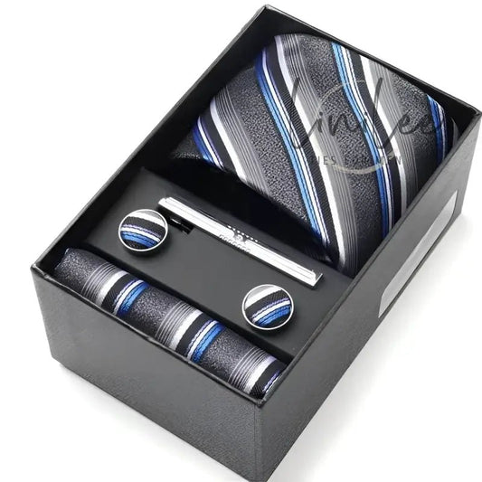 Striped tie and accessories gift set.
