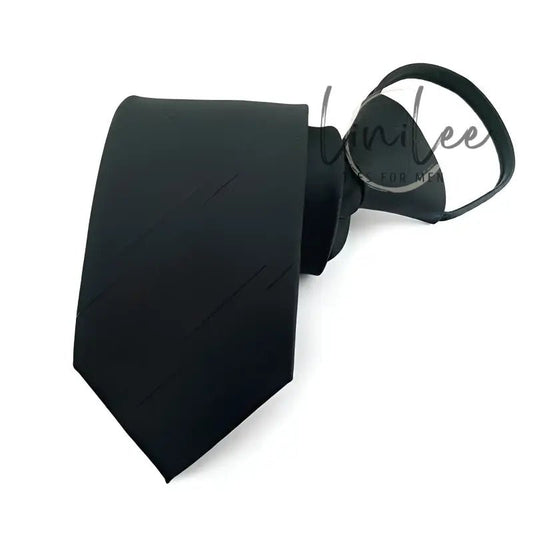 Black clip-on necktie.
