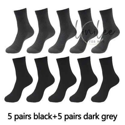 Ten pairs of socks, five black and five dark gray.