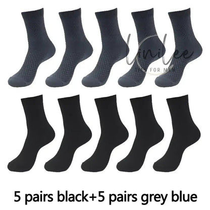 Ten pairs of socks, five black and five gray-blue.