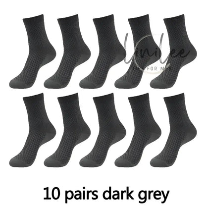 Ten pairs of dark grey socks.