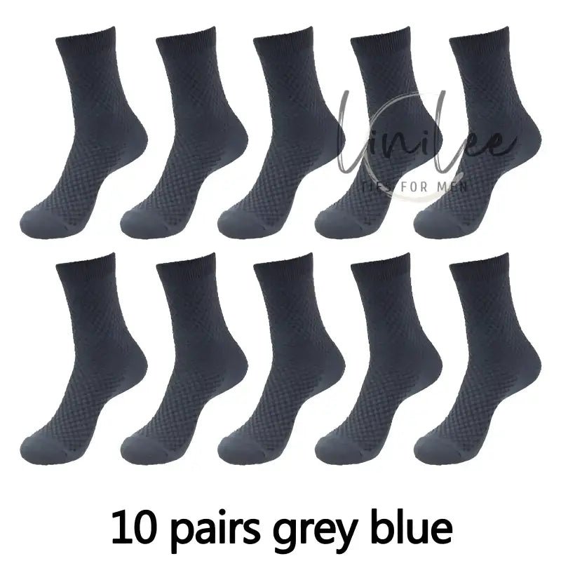 Ten pairs of gray-blue socks.