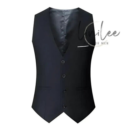 Sleeveless black suit vest.