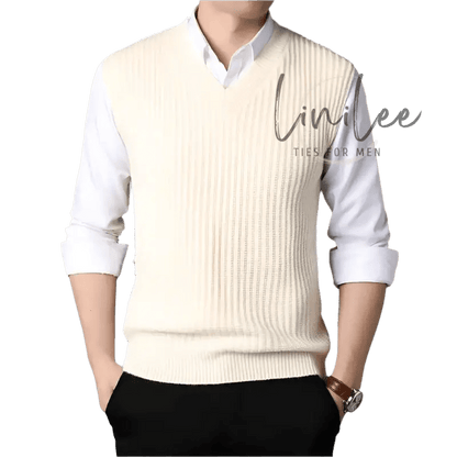Cream-colored ribbed knit sweater vest.