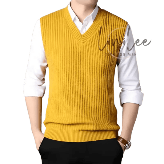 Yellow ribbed knit sweater vest.