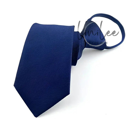 Navy blue clip-on tie.