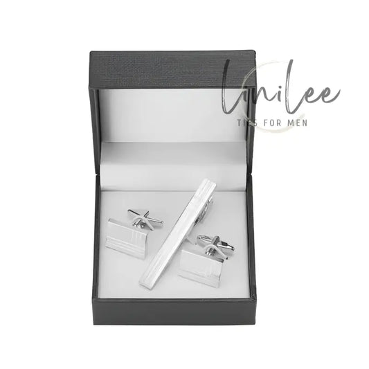 Silver tie clip and cufflink set.