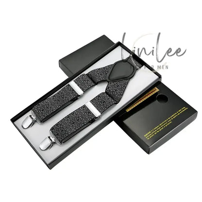 Black patterned suspenders in a box.