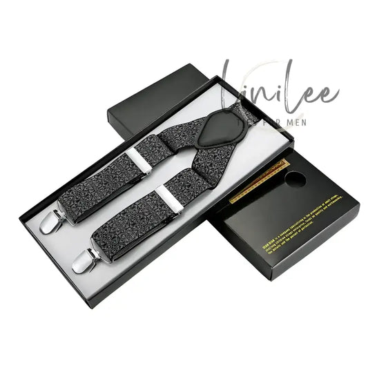Black patterned suspenders in a box.