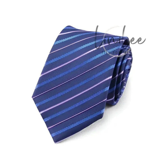 Striped navy blue necktie.