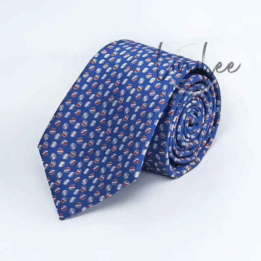 Rolled blue patterned necktie.