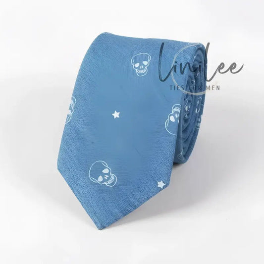 Blue tie with skull and star pattern.