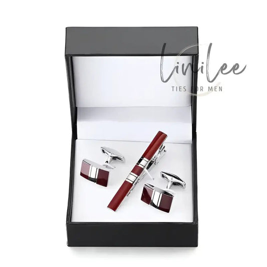 Burgundy and silver cufflink and tie clip set.